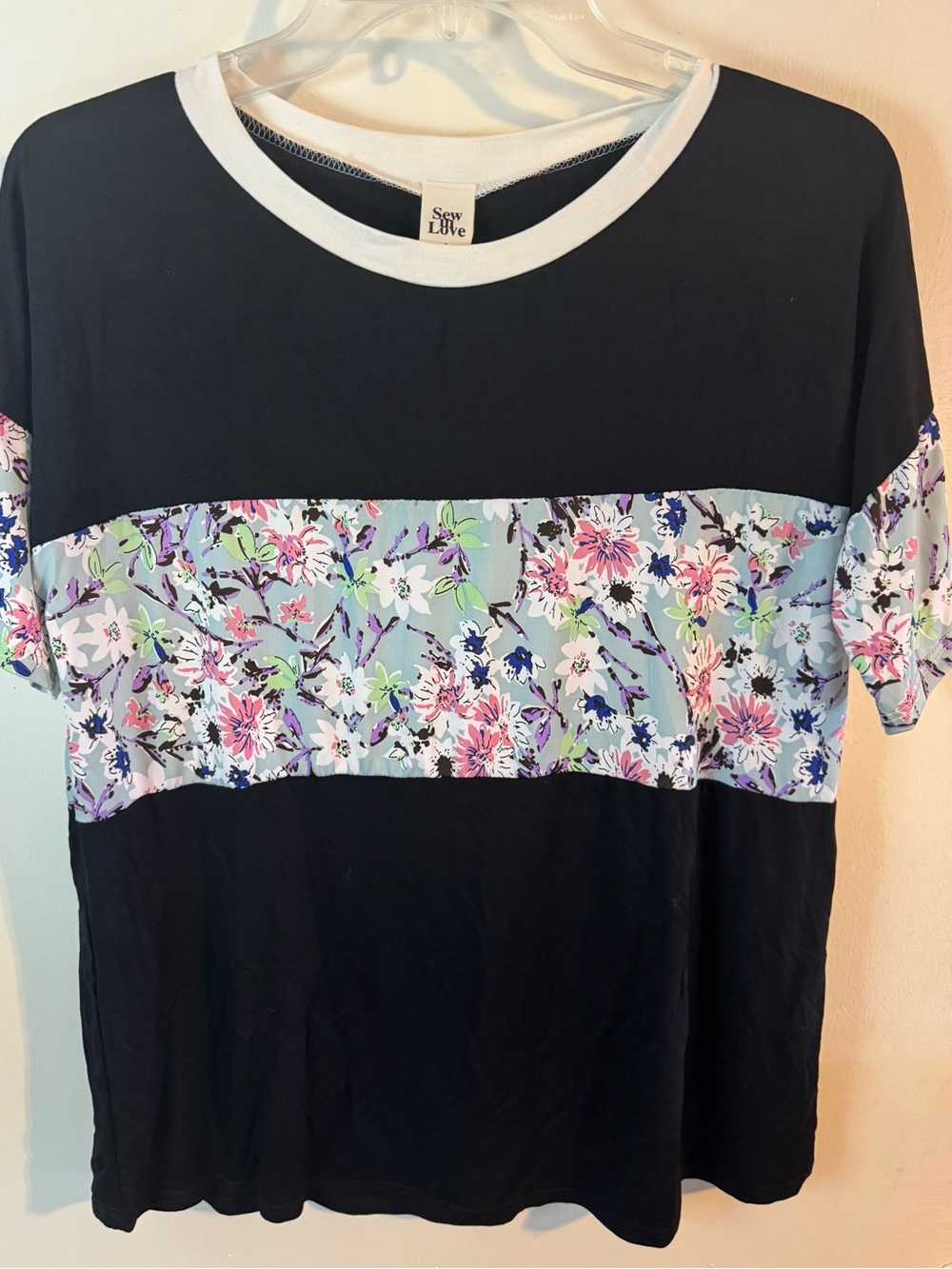 Sew In Love Black Tee with Pastel Floral Panel